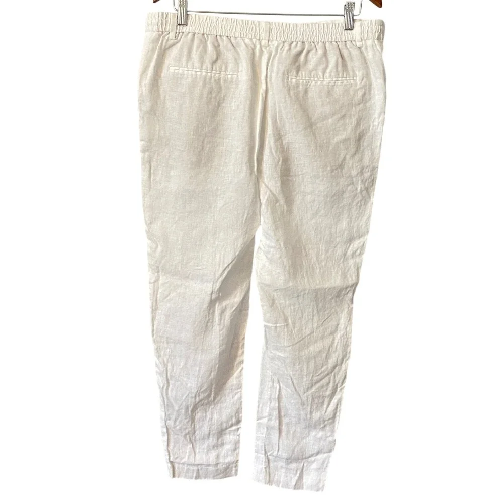 Zara White 100% Linen Women Drawstring Trousers Straight Leg Pants Coastal